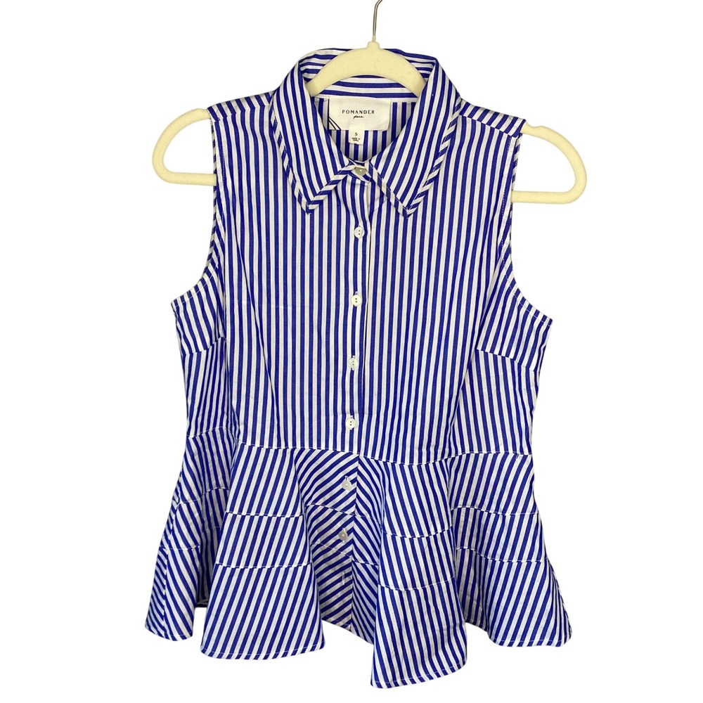 Pomander Place Blue White Striped Sleeveless Peplum Button Down Top S B1426